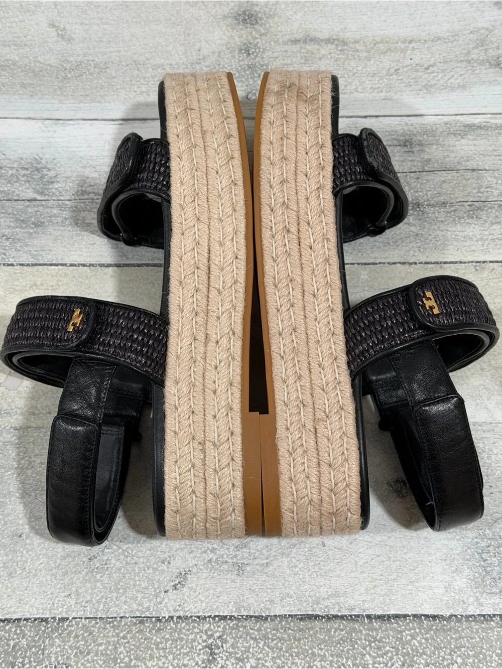 TORY BURCH Sport Platform Espadrille Sandals In Black Raffia Woven Leather Sz-9